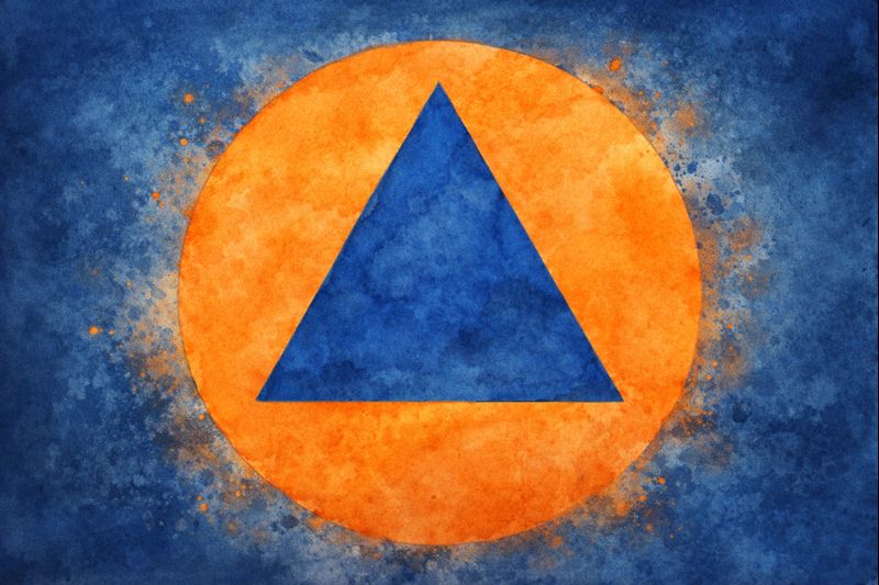 Ein gleichseitiges blaues Dreieck auf orangefarbenem Grund ist das internationale Schutzzeichen des Zivilschutzes in Aquarelloptik